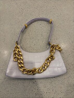 Apede Mod Lilac Croc-Embossed Shoulder Bag with Gold Chain Accent